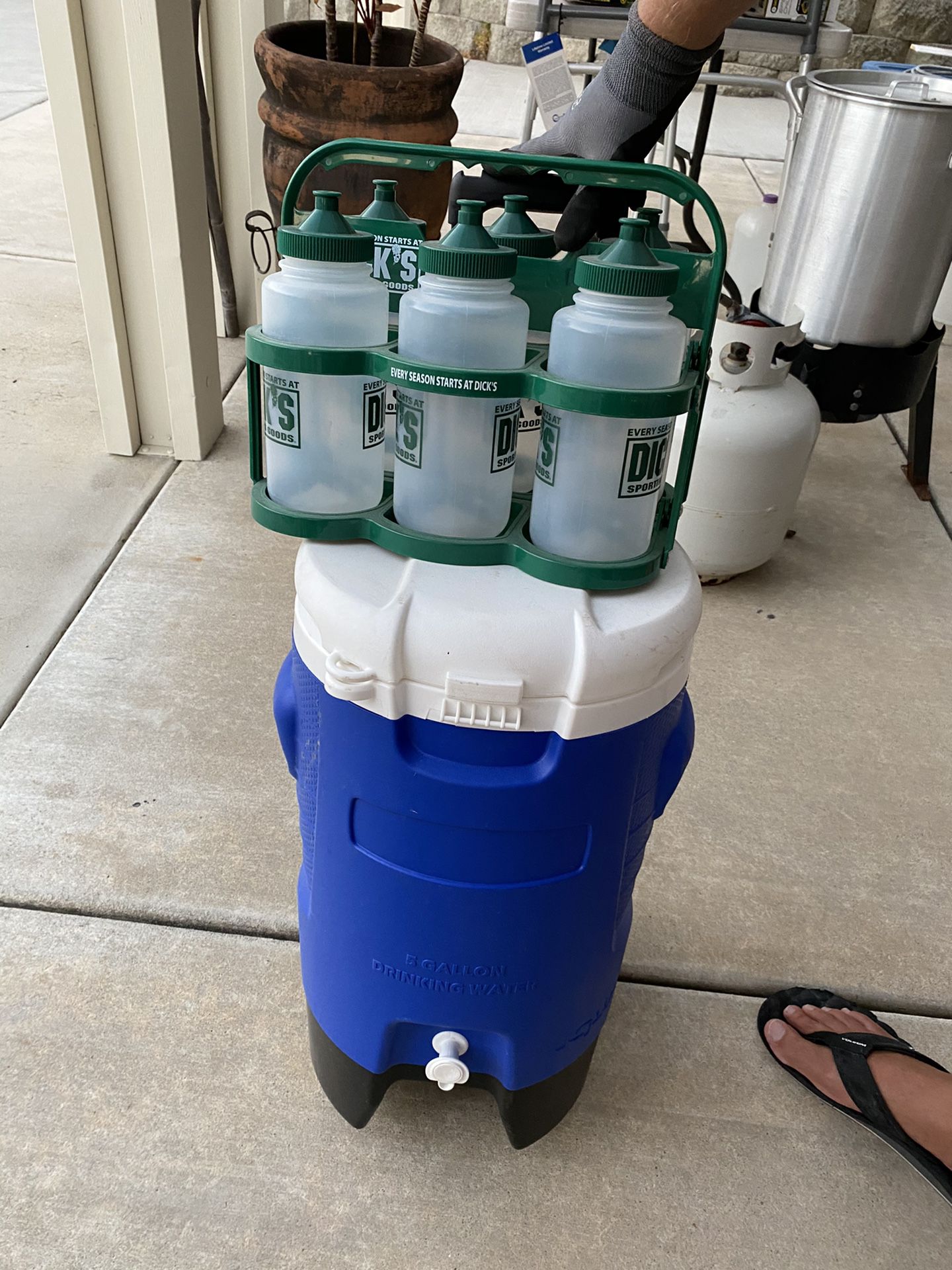 cooler and water bottles