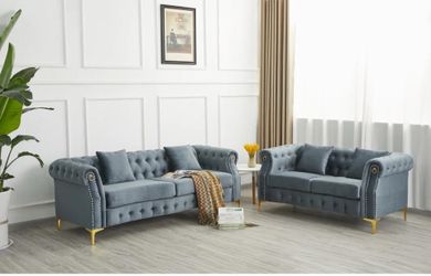 Beautiful Blue-Gray Sofa Set for Sale! 🛋️✨  Elegant and stylish sofa set featuring a gorgeous blue-gray color, tufted upholstery, and beautiful gold-