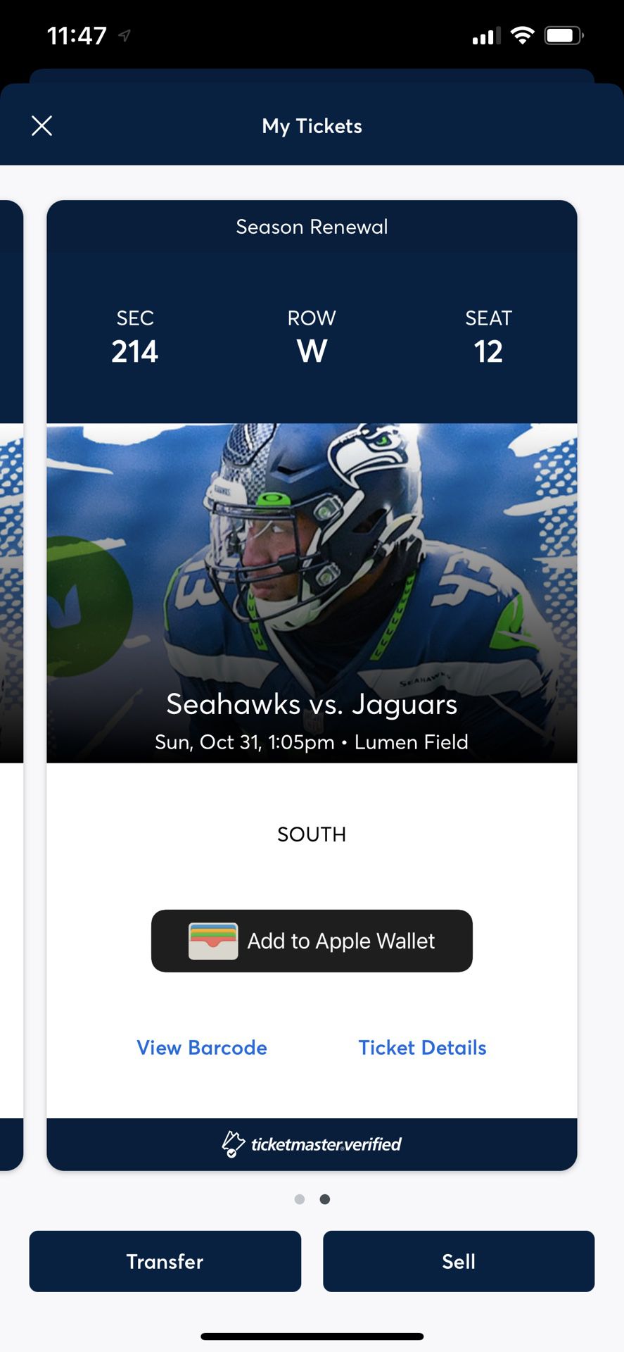 2 Seahawks Vs Jaguars Tickets - Section 214