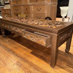 Hand-Carved Asian Wooden Coffee Table – Warrior Scene