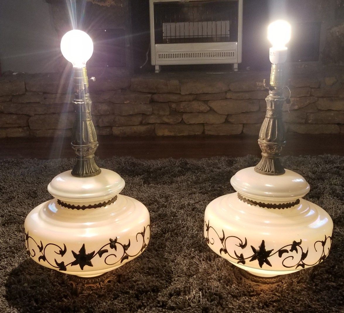 Rare Vintage Carl Falkenstein Mid Century White Opalescent Glass Art Table Lamps