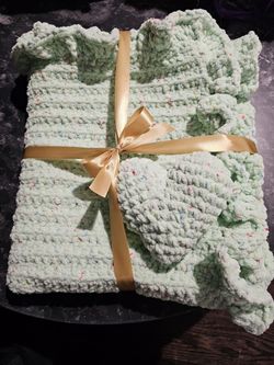 Handmade Crochet Baby Blanket With Heart Plushie 
