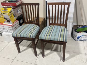 LIKE NEW 2 solid wood chairs with blue-stripe cushions