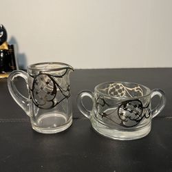 Heisey Vintage 1930s Glass Sugar Bowl Creamer Set Silver Overlay