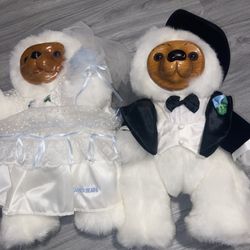 1986 Robert Raikes Originals 15" Bride/Groom Gregory & Allison Wood Face Bears