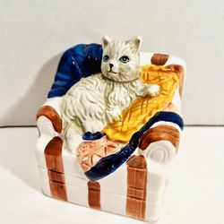 Vintage Ceramic Grey Cat Cuddling in Red White & Blue Chair 