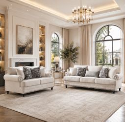Modern Farmhouse Loveseat and Sofa Set, Chenille Upholstered Couches with Nailhead Trim, Wooden Legs