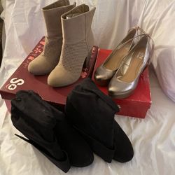 6.5 Ladies Shoe Bundle Black Tan Metallic Boots Wedge Heels 