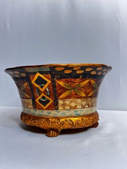 Ornate Footed Centerpiece Bowl – Faux Antique Gold / Crackle Finish