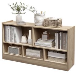 IFANNY 5 Cube Bookcase, 2 Tier Bookshelf Organizer w/Open Compartments, Horizontal Wood Bookshelves 