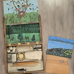 The Palate Co New York Antique Artist Box Wood Painting Case with Palette and Accessories