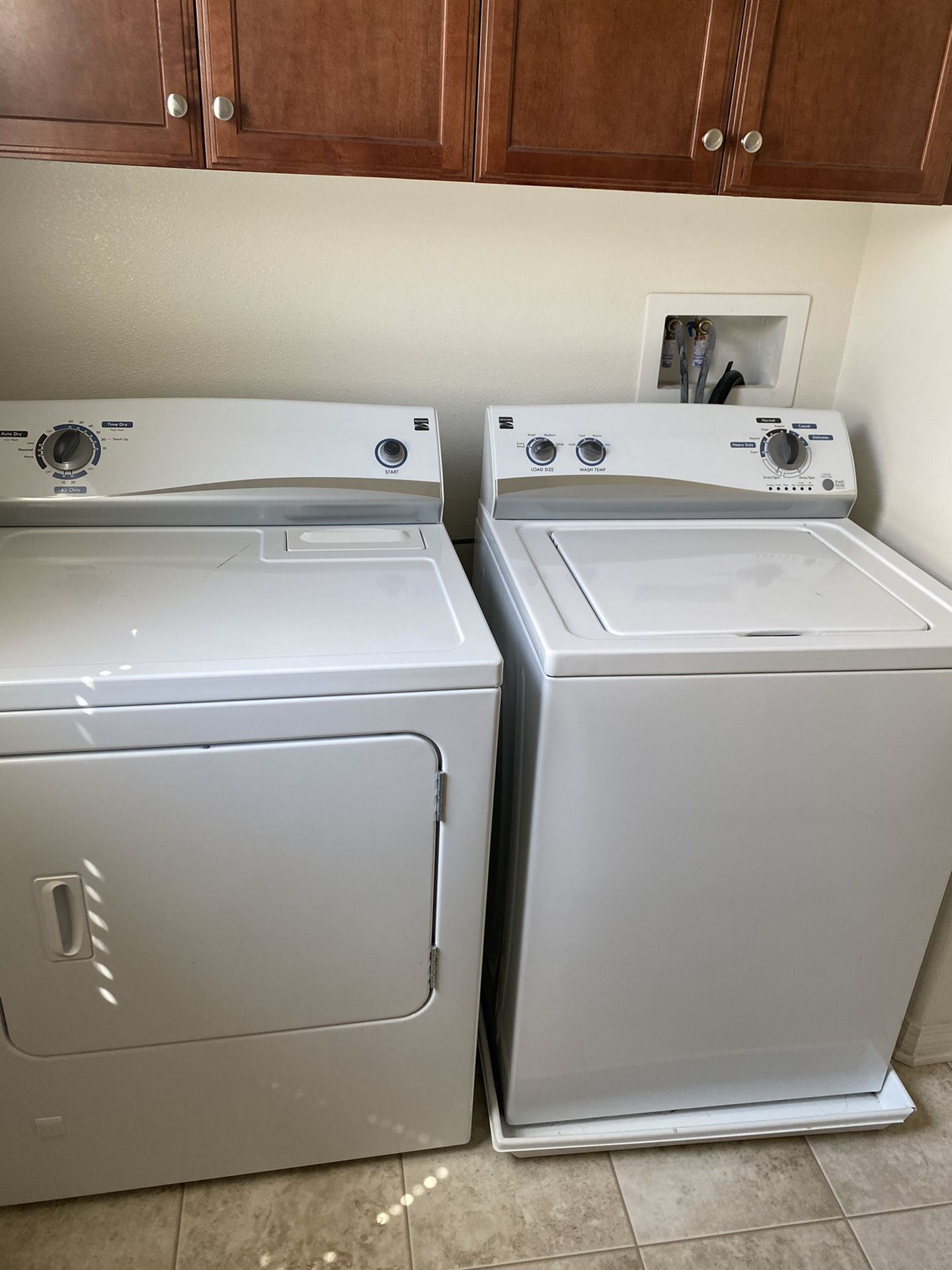 Kenmore Washer and dryer set. Moving and the new place already has a set. Works perfectly fine. Our loss, your gain. We need to use until 4/25 so