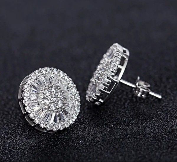 Baguette Cut 18K White Gold Plated Cubic Zirconia Cluster Men Women 13.5 mm Stud Earrings 