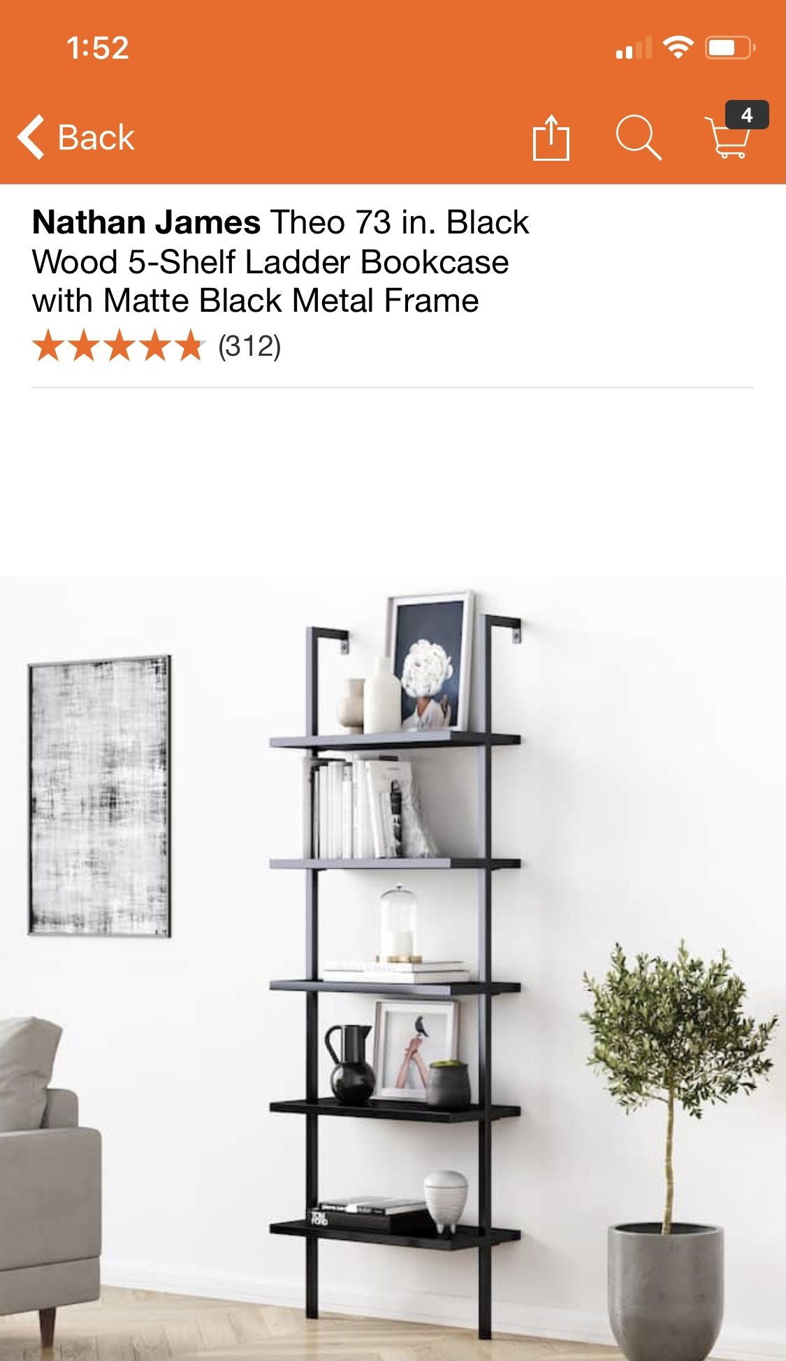 Theo Blackwood 5 Shelf Bookcase Matte Black Frame (new)