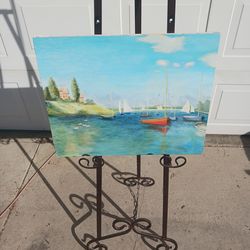 Small unframed sailboats signed oil on canvas painting