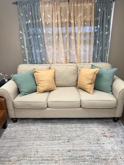 Beige 3-Seat Upholstered Sofa with Throw Pillows