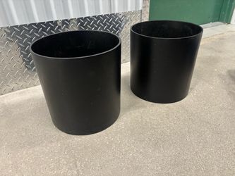 2 black acrylic sleek modern potting pots- holes in bottom. 12 “ around x 11 1/2 high .$40 for both
