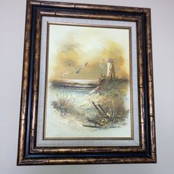 Oil Painting Wall Art $10 Landscape Seascape Yellow Lighthouse Seagulls Birds Seashore