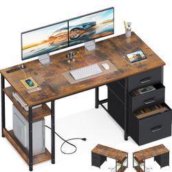 AODK 51 Inch Computer Desk with Fabric Drawers & USB Power Outlets