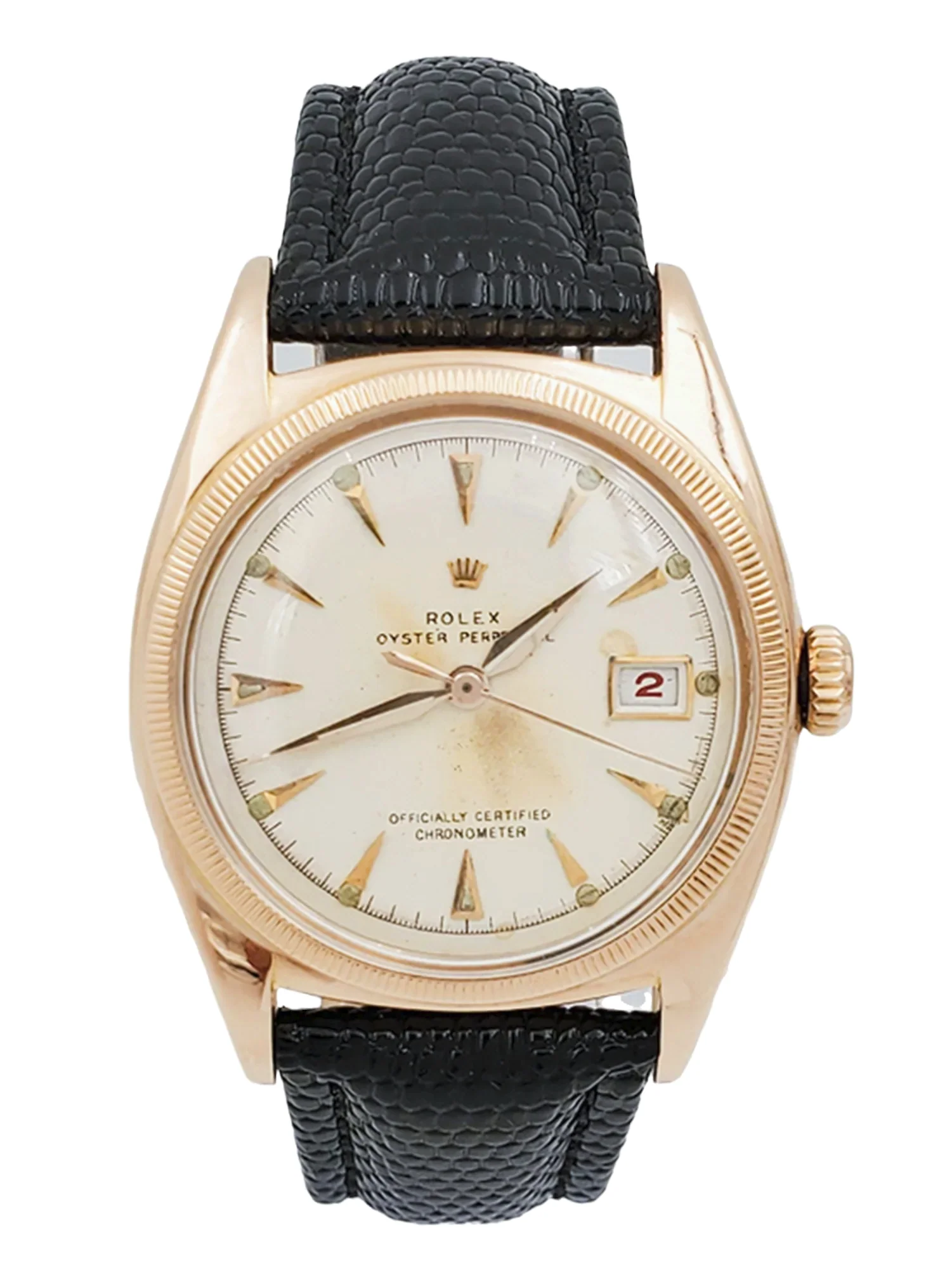 Men's Rolex 36mm Vintage 1950 Bubbleback Oyster Perpetual Rose Gold Watch with Cream Dial and Black Leather Strap. (Pre-Owned 6075 - 322-19876)