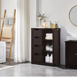 Large Bathroom Floor Cabinet with 4 Drawers and Single Door Cabinet, Freestanding Storage Cabinet for Living Room Kitchen Hallway, Espresso