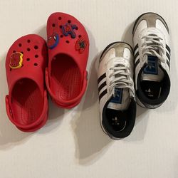 Toddler size 10 red crocs and white/black adidas no lace slip on used