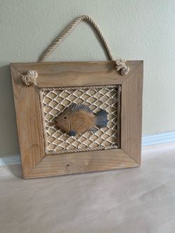 Hand-Carved Wooden 3D Fish Frame Nautical Wall Hanging  W/Net Coastal Decor 9x8