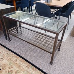 Large Metal Grid Glass Top Console Table