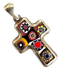 Sterling silver  Vintage   Murano Millefiori  Cross Pendant
