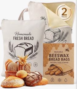 fatrock Beeswax Bread Bags, 2 Pack, 13 × 17 in, 100% Cotton, L Zipper For home baking, bakery runs, picnics and kitchen storage, with breathable cotto