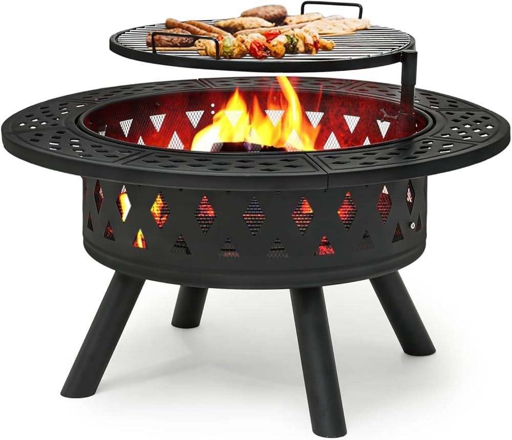38" Wood Burning Fire Pit Metal Backyard Patio Round Table Outdoor Heating and Cooking Grill Rack Grate for Garden Picnic Camping Bonfire, Black