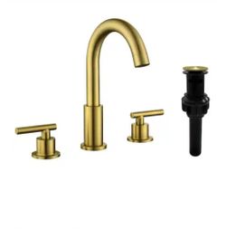 FLG 8 in. Widespread Double-Handle Bathroom Faucet with 3-Hole Brass Pop-up Drain Assembly Included in Brushed Gold