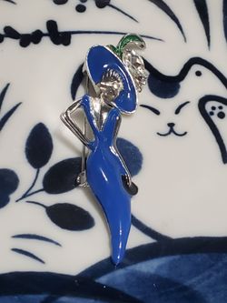 Vintage Art Deco Fashion Lady Brooch Cobalt Blue Enamel Rhinestone Hat Pin
