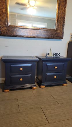 TWO BEAUTIFUL SOLID WOOD NAVY BLUE NIGHTSTANDS