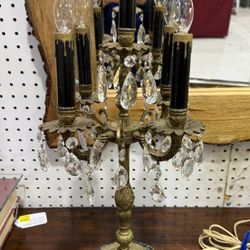 Vintage Spanish Brass Candelabra Lamp Crystal Prisms Lamp 23in