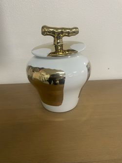 White and Gold Ceramic Jar with Lid
