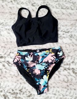 Black Tank Bikini Top with Floral High-Waist Bottoms