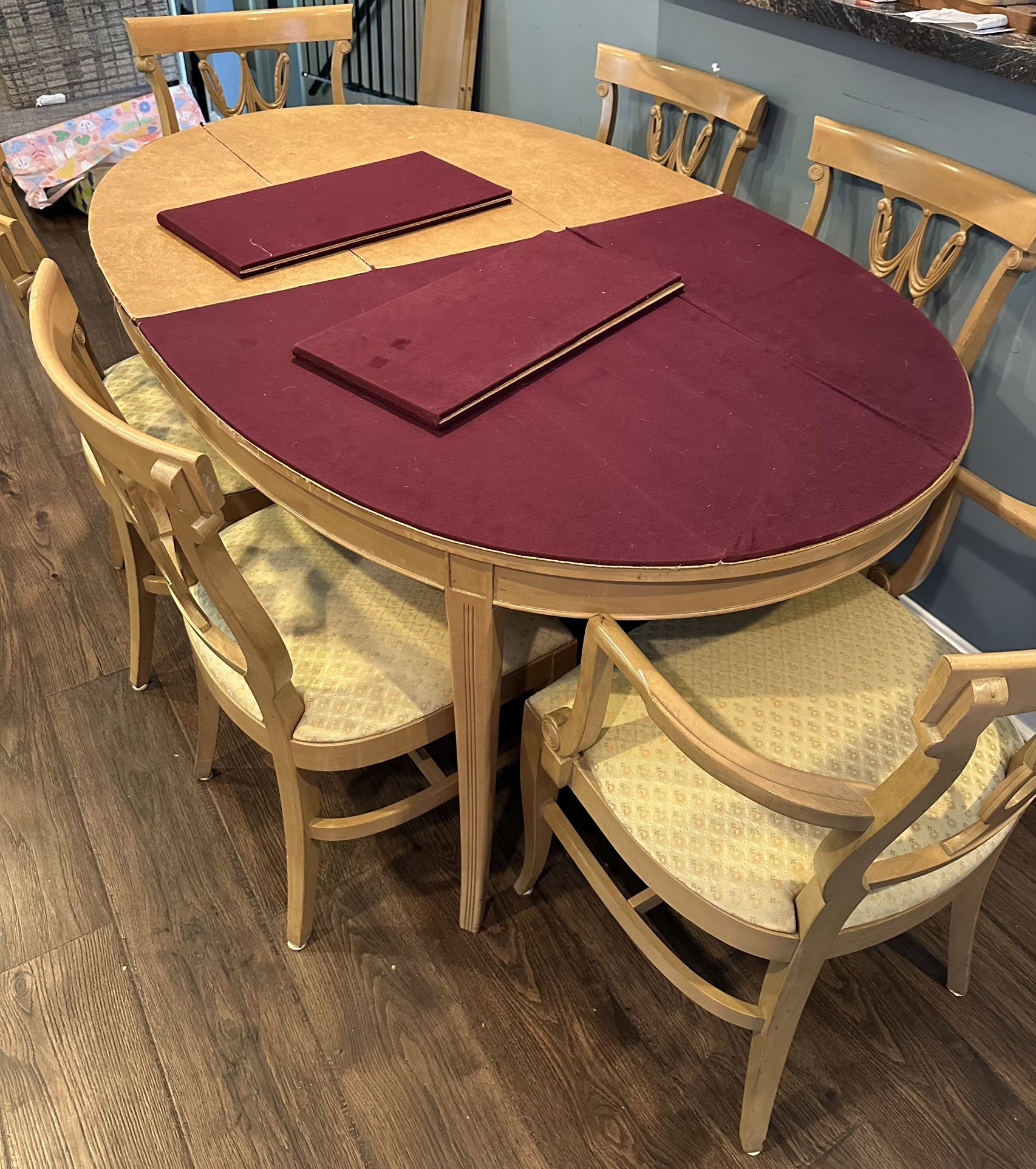 MID CENTURY MODERN R-WAY DINING SET TABLE W/6 CHAIRS, 2 LEAFS AND A PROTECTOR PAD
