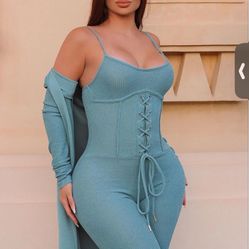 Fashion Nova Teal Jumpsuit With Duster And Built In Corset