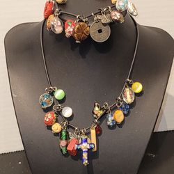 handmade multi charm choker necklace & bracelet 