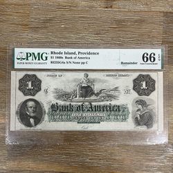 $1 1860s Rhode Island Bank Of America PMG 66 Highest Graded 