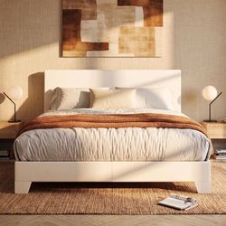 Full Size PU Leather Upholstered Full Size Bed Frame with Headboard, White Adjustable Low-Profile Platform Bed, Minimalist Design, Stable Mattress Fou