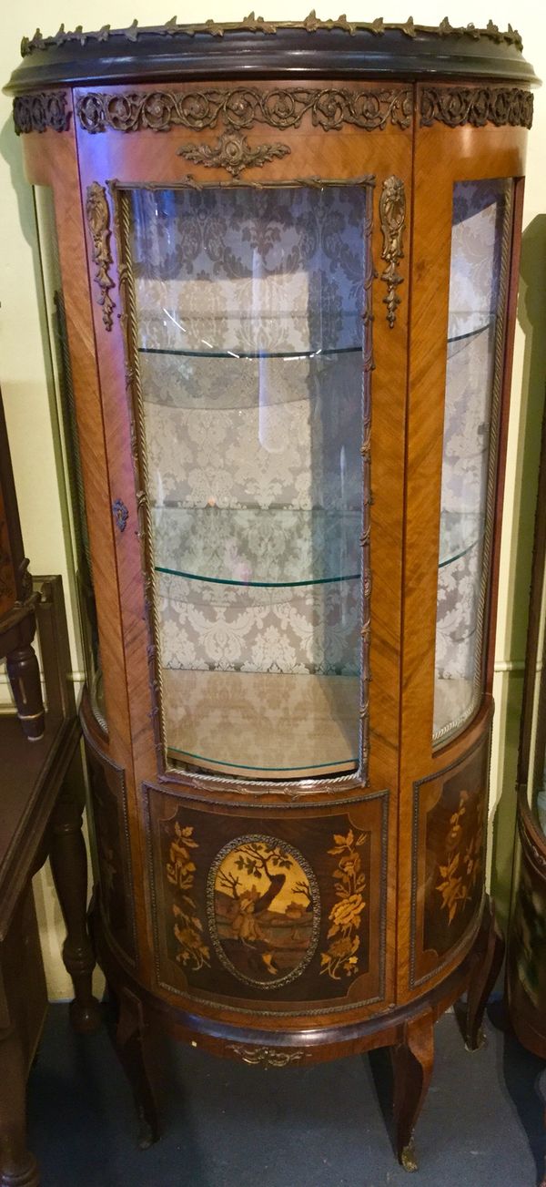 Antique And Authentic Curved Glass Curio Cabinet With Gold Trim