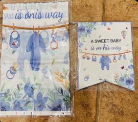 New Baby Shower Boy Decor Plastic Tablecloth & Banner $5