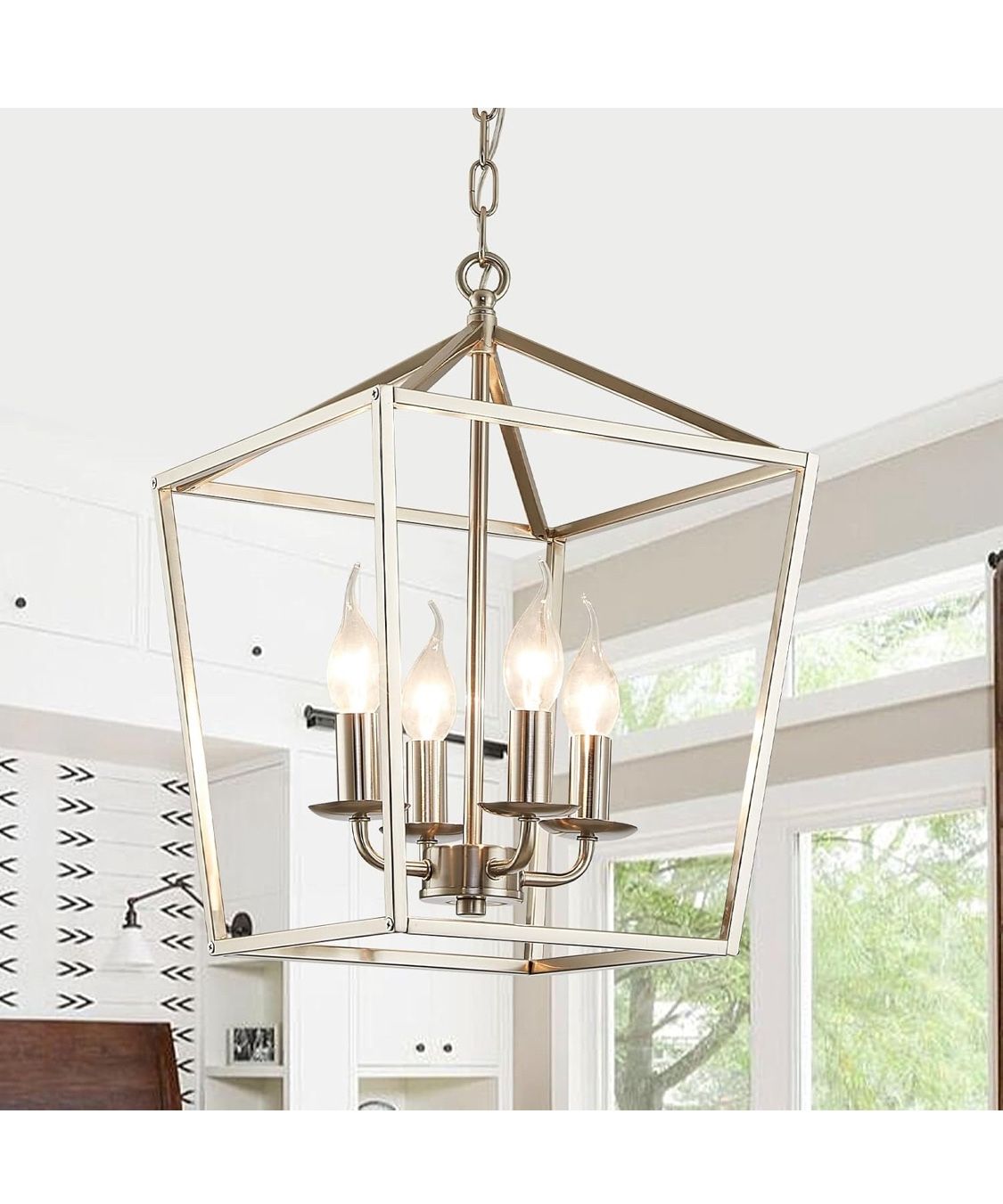 4-Light Brushed Nickel Farmhouse Chandelier, 12" Industrial Ceiling Light Lantern Pendant Light with Metal Cage Adjustable He