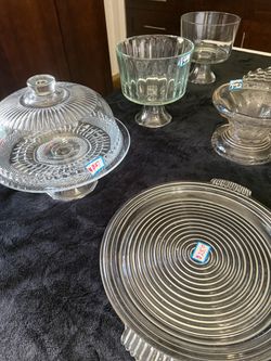 Available Crystal Clear detailed Cut Glass Cake Stand, Parfait Trifle Bowls, Lg Platter Trays, Exc gifts