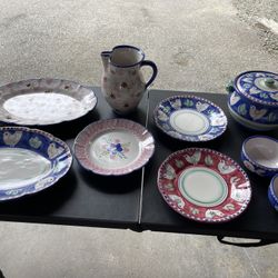 SOLIMENE Vietri Pottery ~ 3 Dinner Plates, 2 Bowls, 2 Platters, Mix Bowl & Water Vase