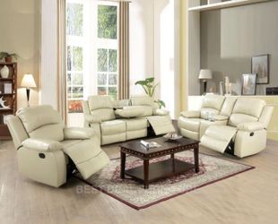 Beige leather fully reclining three piece couch set
