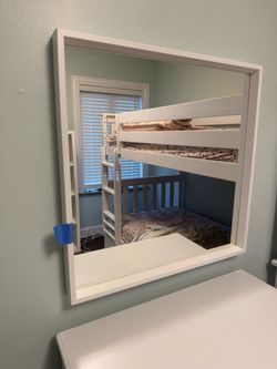 White Wood Framed Wall Mirror, with double bed
