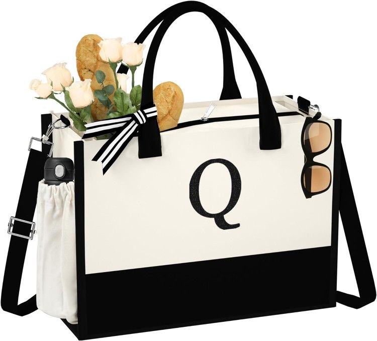 Canvas Beach Tote Bag - Monogrammed, Letter Q